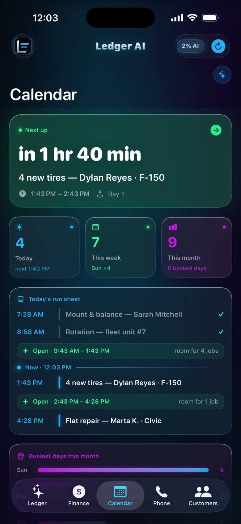 Ledger AI Booking screen, recorded with demo data