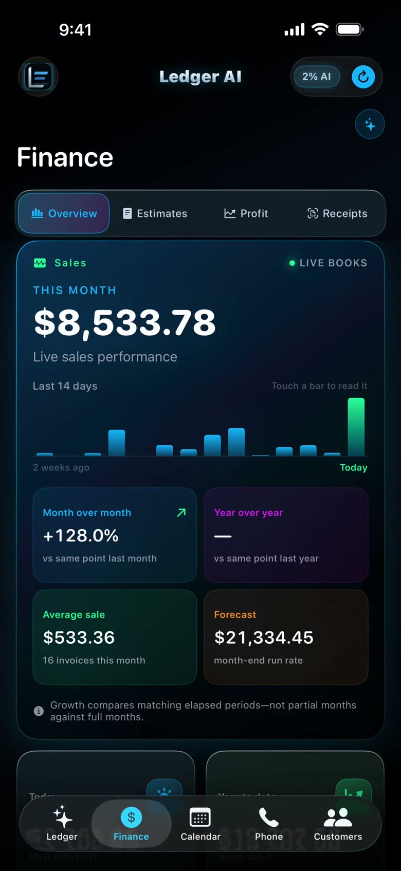 Ledger AI Finance screen, recorded with demo data