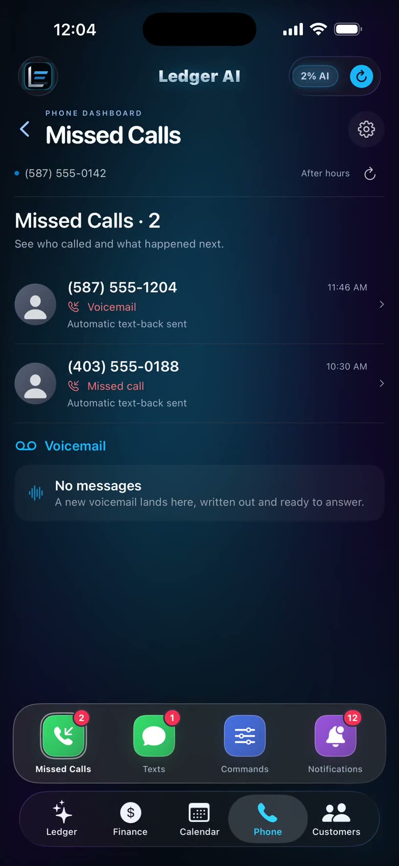 Ledger AI Business phone screen, recorded with demo data