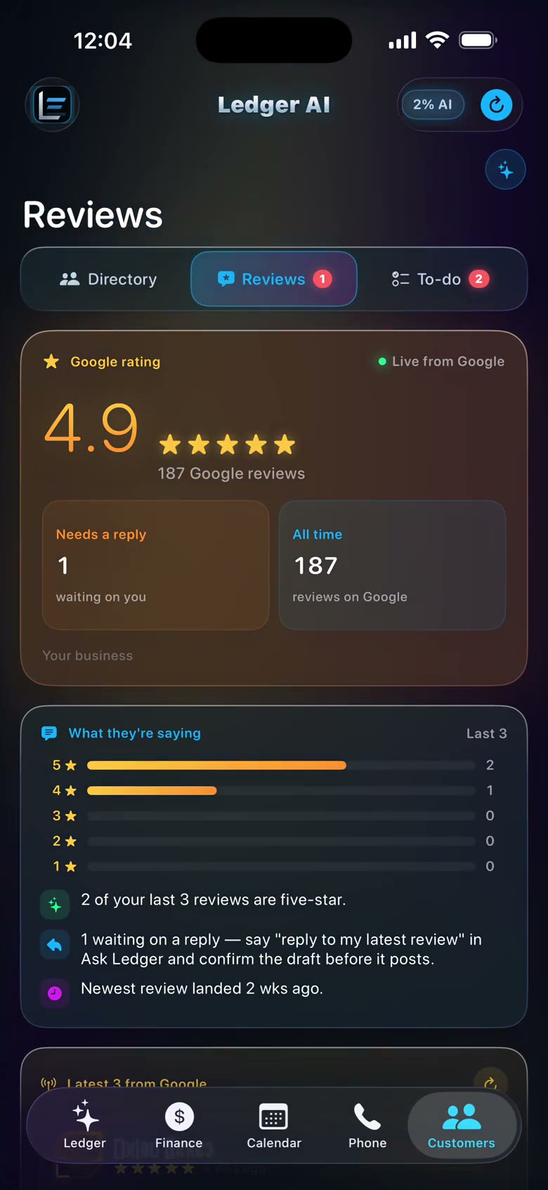 Ledger AI Reviews screen, recorded with demo data
