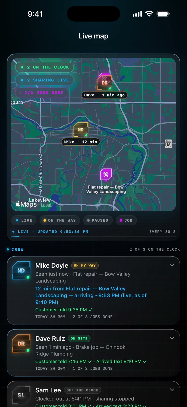 Ledger AI Your crew screen, recorded with demo data